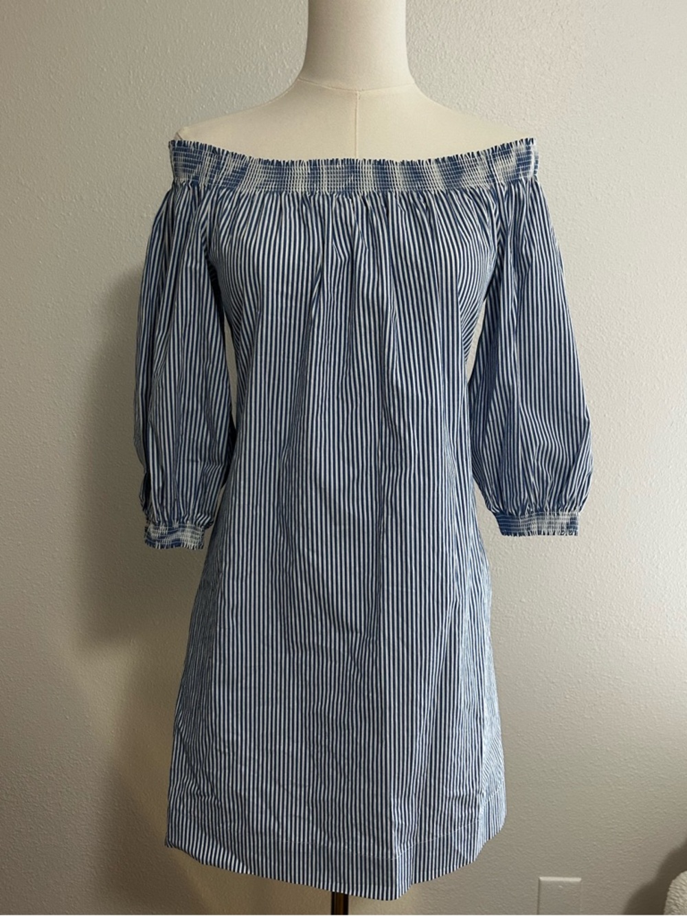 Trina Turk Blue and White Striped  Off the Shoulder Mini Dress